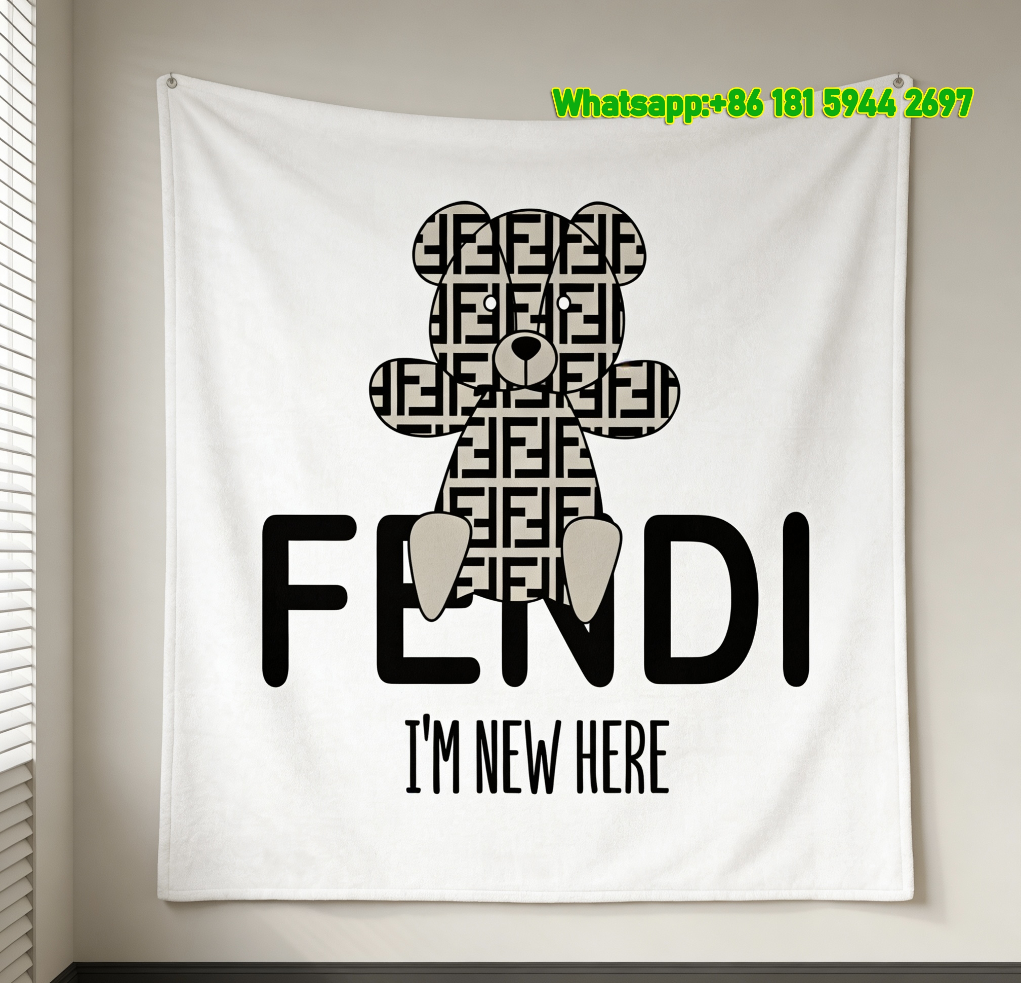 Beige & Black Fendi Teddy Bear Flannel Throw Blanket Monogram Print IMG_9323
